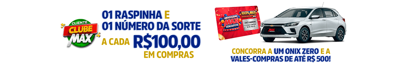 01 raspinha e 01 número da sorte a cada R$ 100,00 em compras. Concorra a um Onix zero e a vales-compras de até R$ 500!