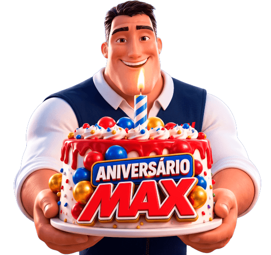 Gigante MAX Atacadista segurando o bolo de aniversário